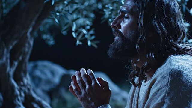 Divine 4K Slow Motion of Jesus Christ Praying in Gethsemane Under an Olive Tree
