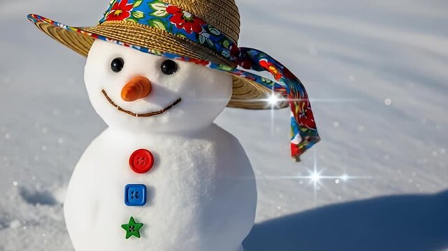 Festive snowman wearing a straw hat with a floral band, stands in sparkling snow