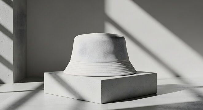 White textured bucket hat on a concrete block with geometric shadows for minimalist fashion display
