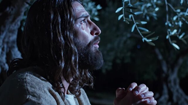 Profound 4K Biblical Scene of Jesus Christ Praying in Agony with Tears in the Garden of Gethsemane at Night