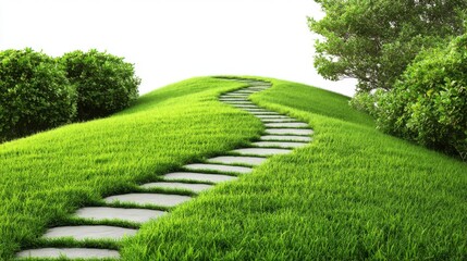 Green grass covers a hill with stone steps leading upwards, and trees are visible on the right side png with transparency