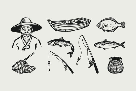 Hand Drawn Fishing Elements Collection: Fisherman, Boat, Fish & Gear