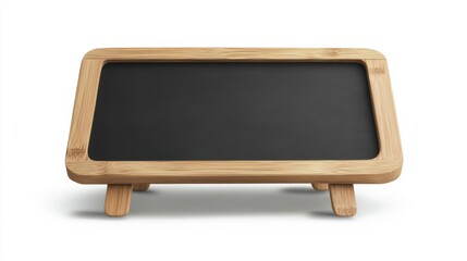 Obraz premium A small chalkboard with a dark surface is supported by a light wooden frame and legs on a plain white surface alpha channel with white background