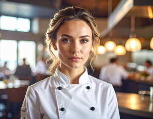 Mujer chef en restaurante con uniforme blanco de cocina, mirada segura y fondo cálido, concepto de liderazgo femenino en hostelería, gastronomía moderna, talento y emprendimiento