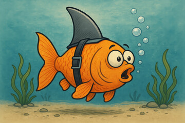 Goldfish playing shark in funny disguise underwater