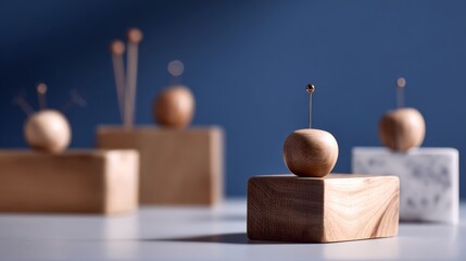 Wooden spheres balanced on blocks in minimalist blue studio environment