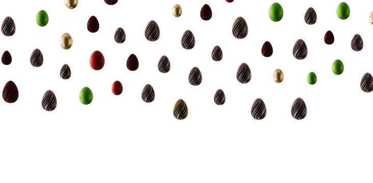 Colorful Easter eggs, including green, red, golden, and chocolate eggs, create a festive atmosphere against a clean whit