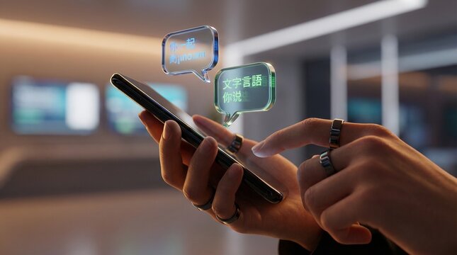 Mobile Translation App on Smartphone Screen with Language Icons for Global Communication