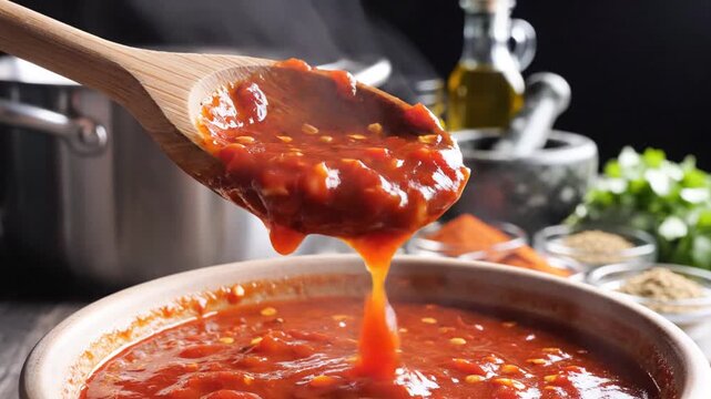 A wooden spoon scoops red sauce over a simmering pot in a kitchen, with ingredients and cookware in the background for culinary or recipe use