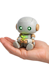 Tiny Robot Sitting on Human Hand Holding a Small Green Sprout, Concept of Eco-Friendly AI Technology, Sustainability, and Green Future, 3D Render Isolated on Transparent Background