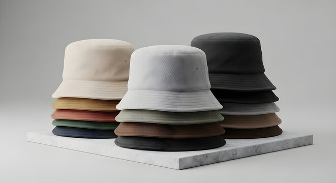 Stacked bucket hats in various neutral colors and soft rounded shapes for modern fashion apparel