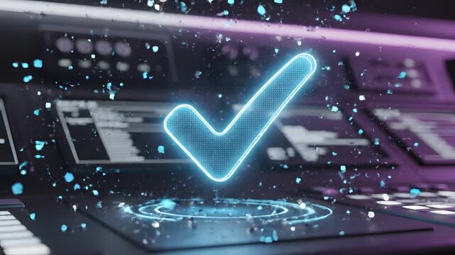 Close-up of a blue neon checkmark on a futuristic electronic device with purple and blue lighting effects.