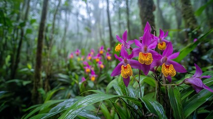 Obraz premium Vibrant purple orchids with yellow centers bloom in a lush green forest surrounded by dense foliage and trees natural beauty scene