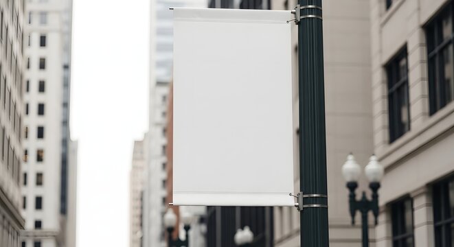 Blank white rectangular banner on a dark green lamppost in an urban city street for advertising mockup