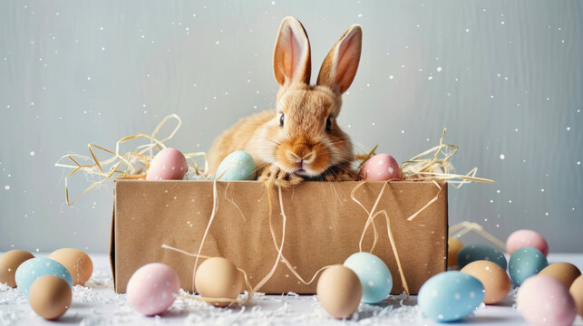 Cool cute small easter bunny, rabbit sitting in gift box with pastel easter eggs,