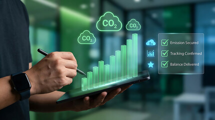 Businessperson analyzing environmental data on tablet with co2 emissions chart and checklist in modern office setting