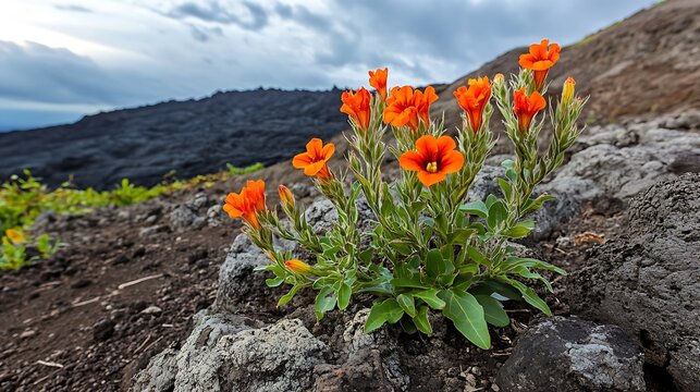 Vibrant orange hawaiian native flowers bloom on rugged rocky terrain with a mountainous landscape under a cloudy sky