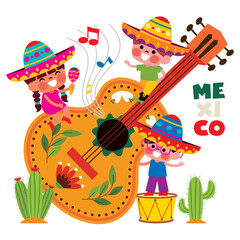 Naklejka premium Cartoon Mexican Kids Playing Guitar