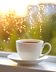 Fototapeta premium Cup of coffee on windowsill with rain drops on glass and soft daylight. Cozy everyday home atmosphere without people