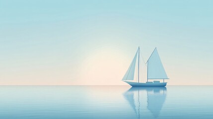 Naklejka premium Minimal sailboat on calm sea at sunrise with soft pastel sky, tranquil ocean landscape with sailing yacht reflection and peaceful horizon
