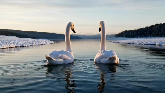 Two White Swans Gliding Gracefully on Calm Water During Golden Hour Sunset