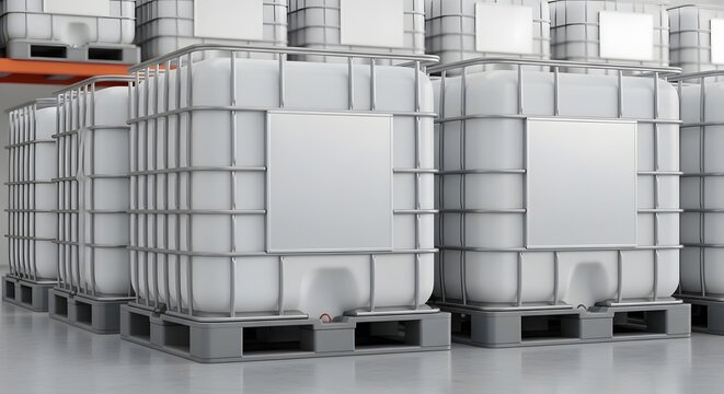 White rectangular industrial IBC tanks with metal cages on gray pallets in a warehouse for bulk liquid storage