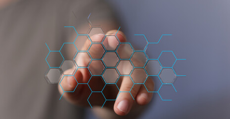 Hand touching futuristic honeycomb network, abstract concept of connection, data, science,...
