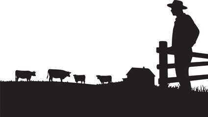 Obraz premium Black silhouette of man standing by fence with cows and barn