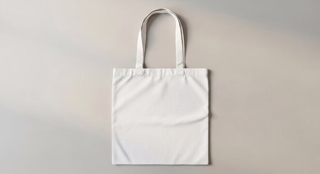 Professional flat lay of a white canvas tote bag isolated on a neutral grey background for branding design.
