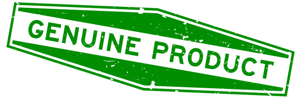 Grunge green genuine product word hexagon seal stamp on white background
