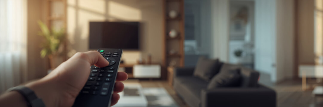 hand holding TV remote control in living room