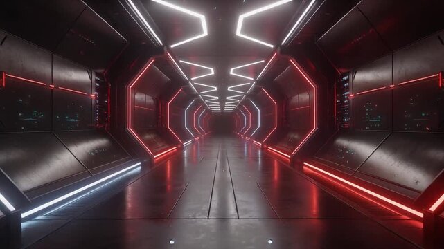 Futuristic sci fi corridor with glowing red and white neon lights in a modern spaceship or space station interior
