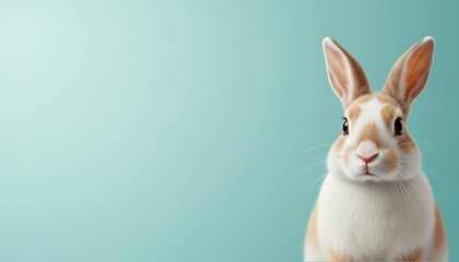 Obraz premium Bunny, rabbit, easter, cute, animal, pet, background of a white and ginger bunny on a teal backdrop with copy space, perfect for spring greeting cards and commercial banners.