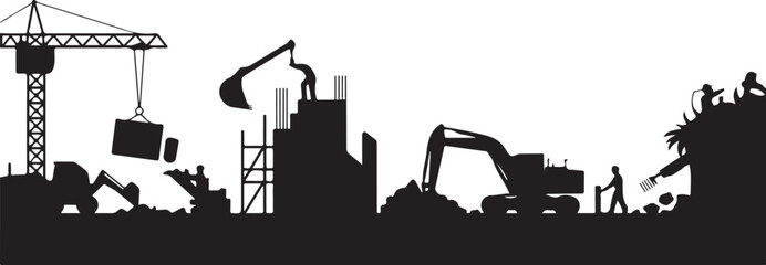 Obraz premium Construction site silhouette with cranes and excavators
