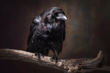 Fototapeta premium Stunning raven with iridescent black feathers perches on a rugged, textured branch in dramatic light.