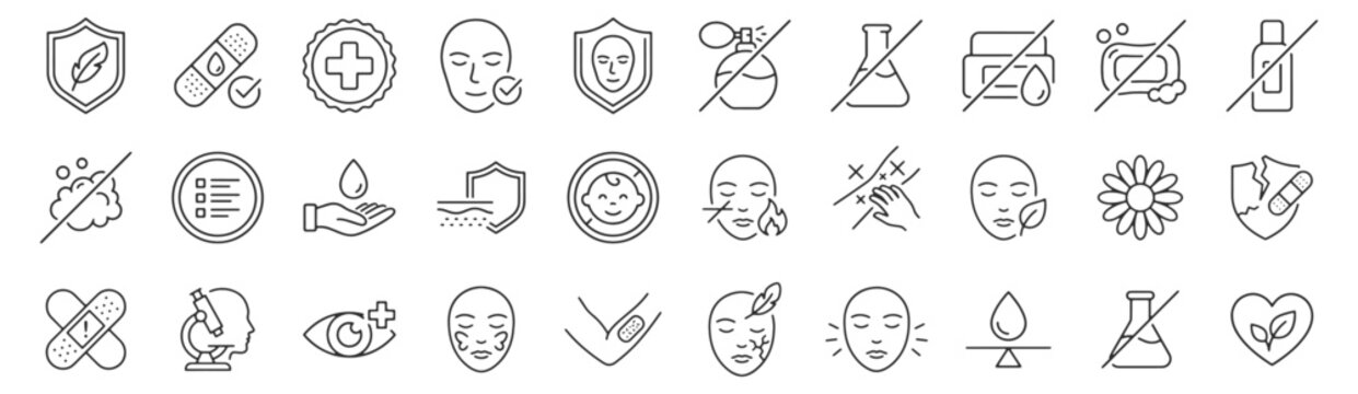 Hypoallergenic Sensitive Skin line icon set. Allergy tested shield, dermatologist approved badge, redness relief, barrier repair outline vector illustrations. Signs for skincare safety.
