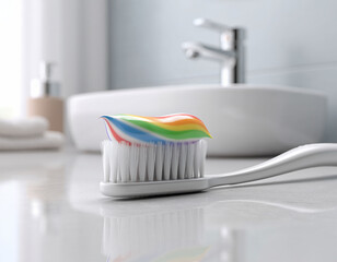 Toothbrush with rainbow toothpaste on sink in modern bathroom