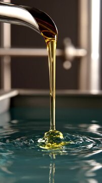 Oil pouring from metal tap into water container indoors