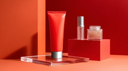 Red cosmetic tube and jar on bold geometric podium