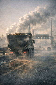 A dump truck drives along a winter highway against a backdrop of industrial chimneys belching thick smoke into the cold air. 