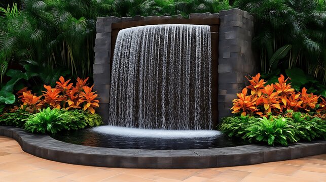 Tropical waterfall garden scene. Lush greenery surrounds a dark gray stone wall featuring a cascading waterfall into a small pool. Vibrant orange plants frame the water feature