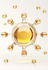 A symmetrical sun shaped circle of floating oil drops containing amber colored liquid is set against a white background for product packaging.