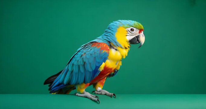 Blue and yellow macaw parrot in vibrant tropical colors isolated on green background