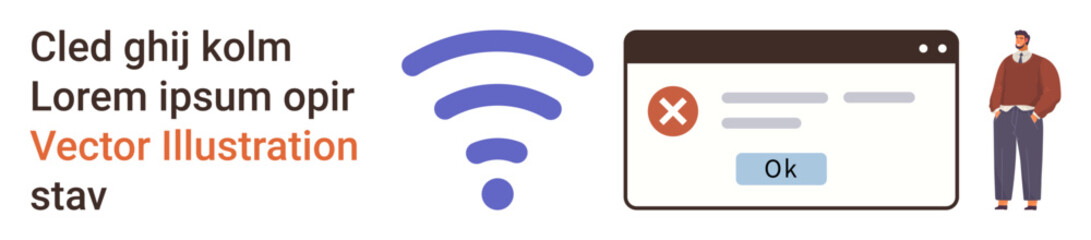 Obraz premium Connectivity issues, system notifications, communication challenges, error alerts, online troubles, digital problems. wireless icon and error message box with person standing nearby. Connectivity
