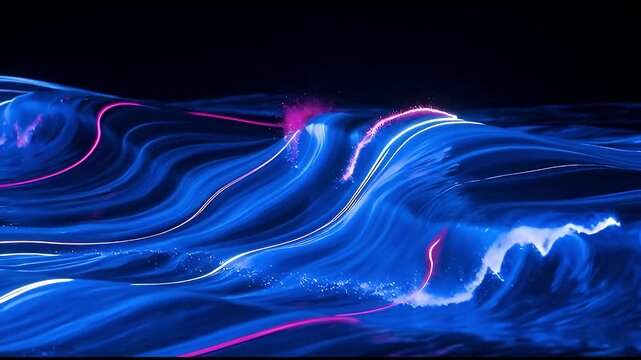 Abstract luminous blue and pink waves surge dynamically across a dark background, creating an ethereal flow of light.