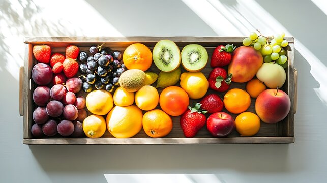 Assortment of fresh fruits displayed in wooden tray overhead view