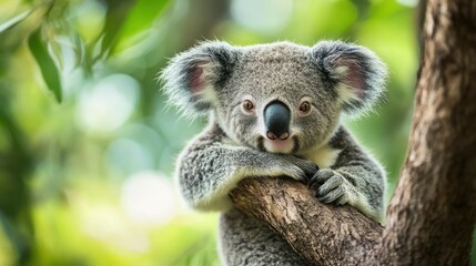 Fototapeta premium Cute Koala in a Tree, Australian Wildlife, Nature Scene, Ideal for Children's Books