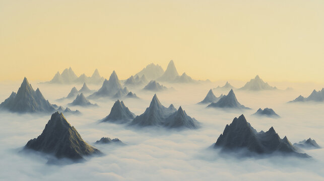 Jagged Mountain Peaks Emerging above a Sea of Morning Mist