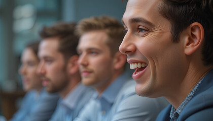 Obraz premium A group of happy young men laughing together in a modern office setting with a blurred background.