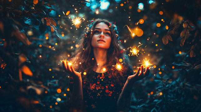 Beautiful Woman with Glowing Magic Particles in an Enchanted Forest at Night
